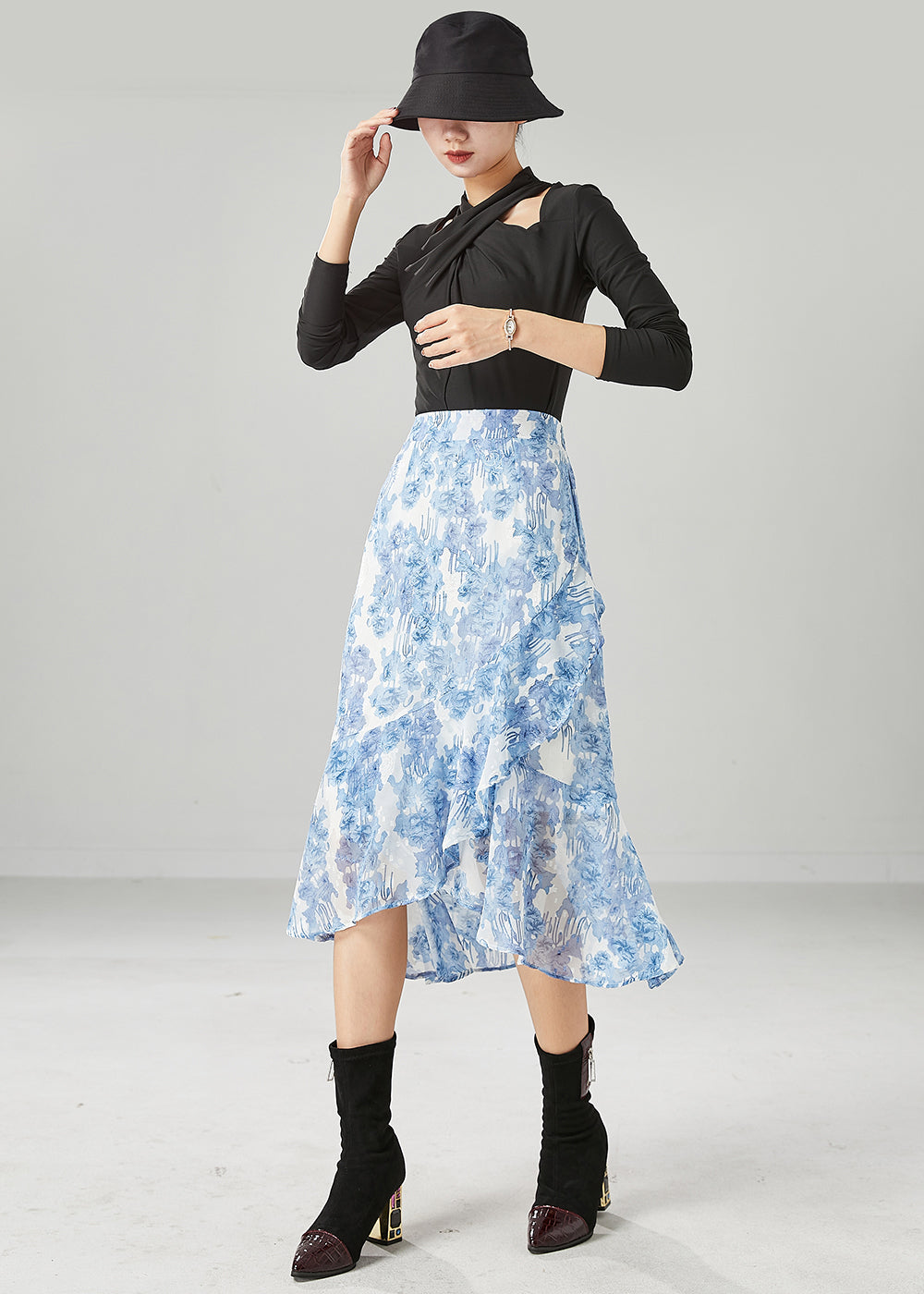 Boho Light Blue Asymmetrical Print Chiffon Skirt Summer