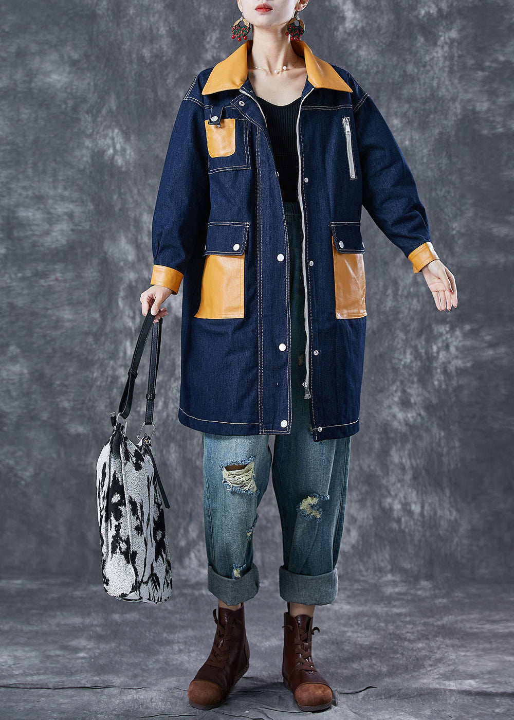 Boho Navy Oversized Patchwork Pockets Denim Coat Outwear Fall