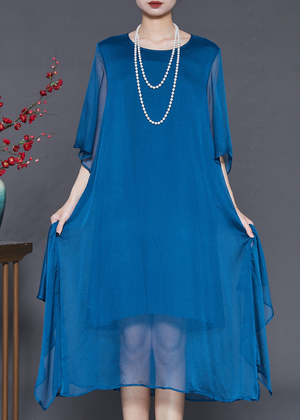 Boho Peacock Blue Oversized Chiffon Long Dress Summer