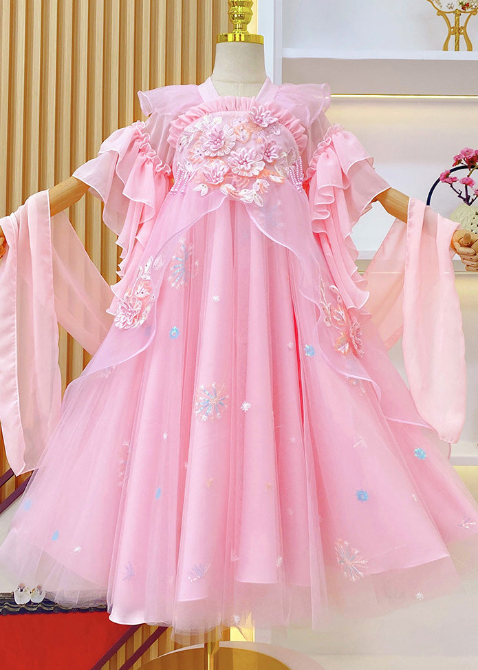 Boho Pink Embroideried Ruffled Tulle Kids Girls Long Dresses Summer