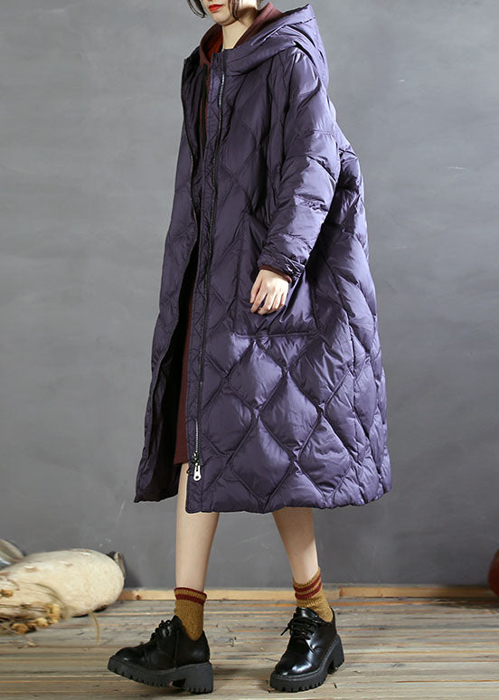 Boho Purple Hooded Pockets Duck Down Down Coats Winter