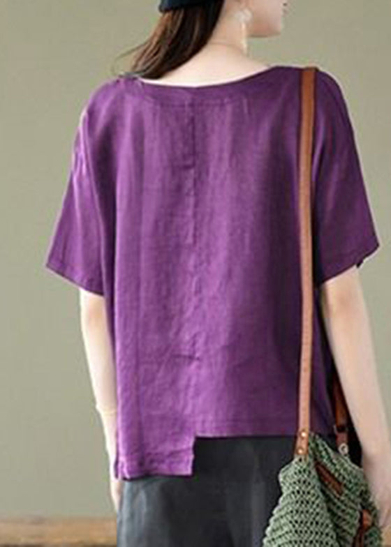 Boho Purple O-Neck asymmetrical design pocket Linen Top Short Sleeve