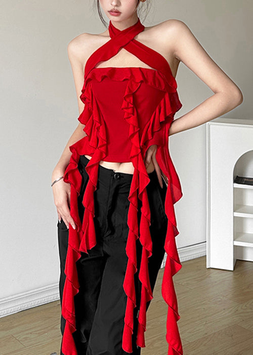 Boho Red Backless Ruffled Solid Cotton Tank Sleeveless