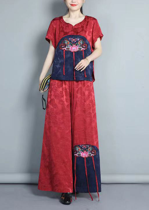 Boho Red Embroidered Tops And Pants Silk Two Piece Set Summer