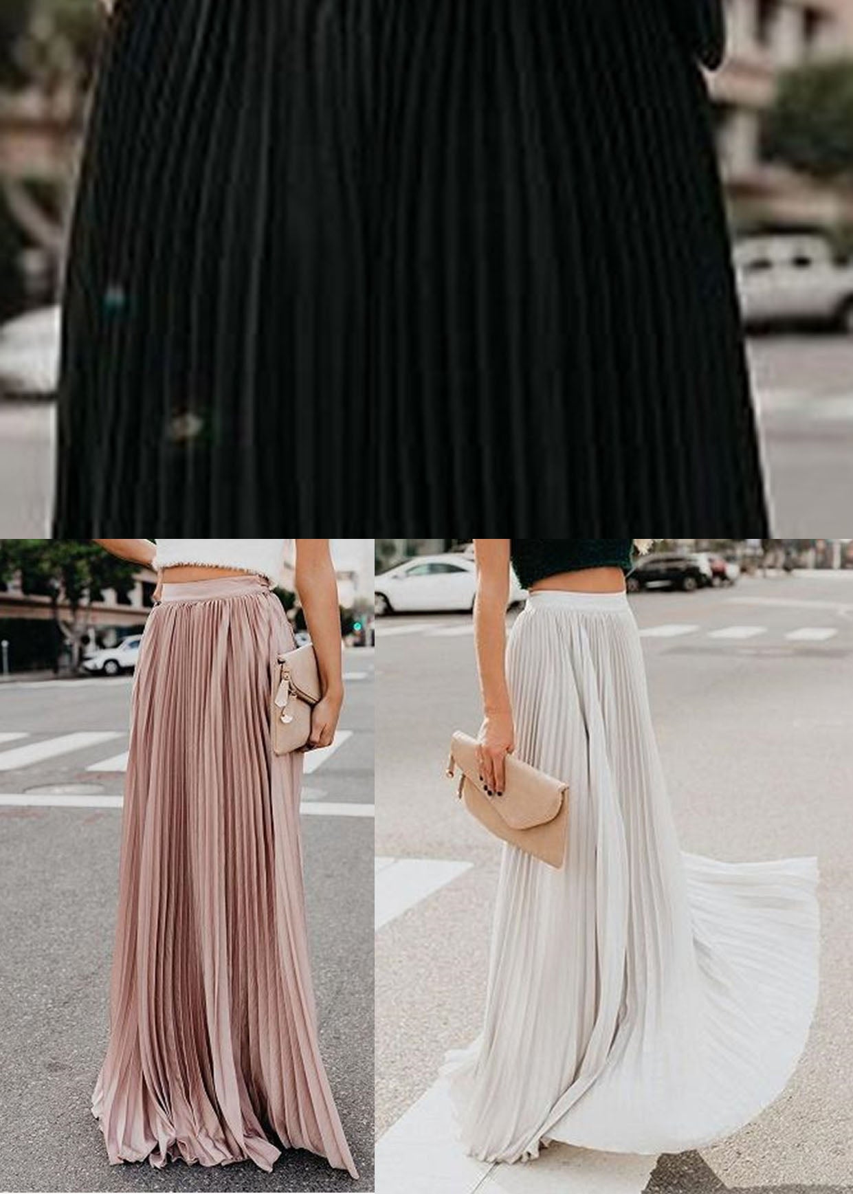 Boho Solid Black Elastic Waist Chiffon Pleated Skirts summer