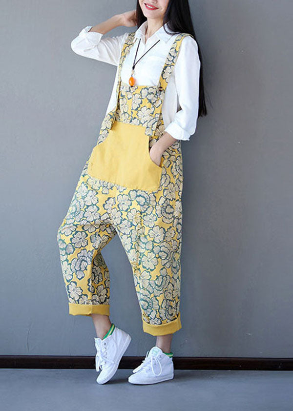 Boho Yellow Patchwork Print Denim Jumpsuit Spring