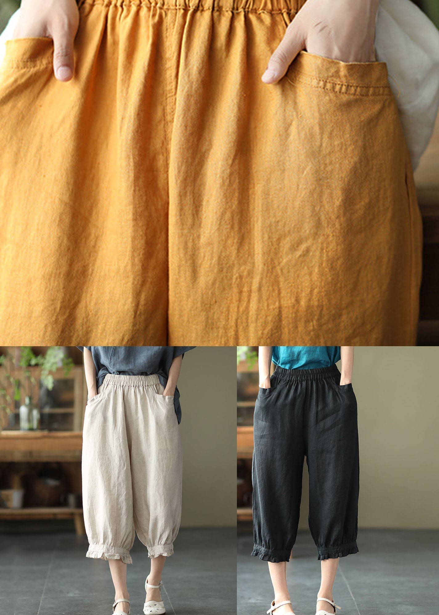 Boho Yellow Pockets Ruffled Patchwork Linen Crop Pants Summer