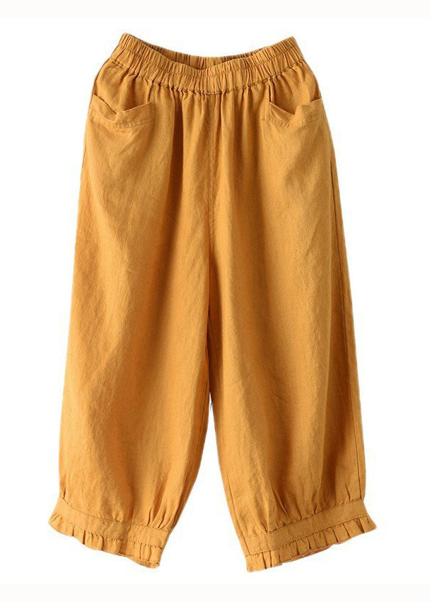 Boho Yellow Pockets Ruffled Patchwork Linen Crop Pants Summer