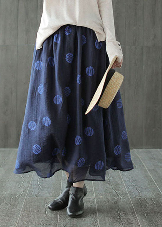 Boho dark Blue elastic waist dot print Linen Skirts Spring