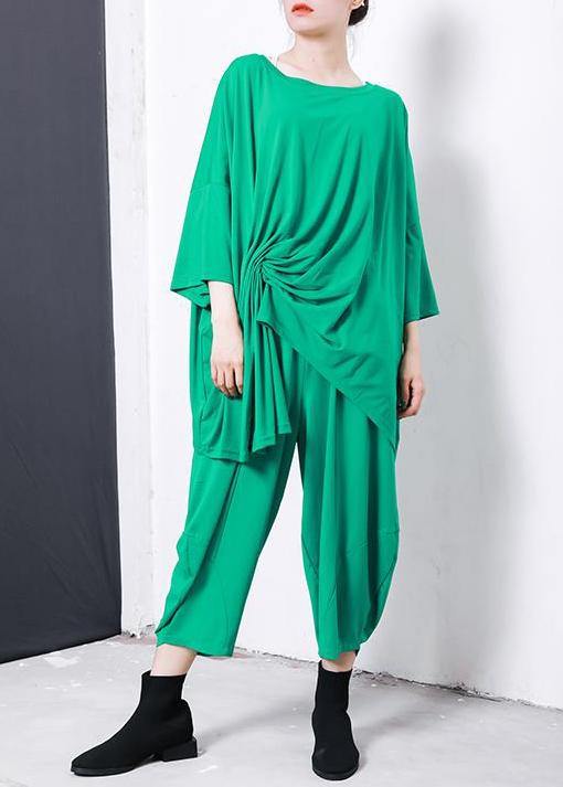 Boho green Irregular Design T-Shirt Elegant cotton Pleated Solid Color clothes