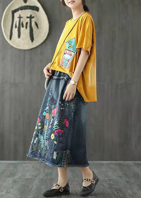 Boho Dark Blue Embroideried Tasseled A Line Summer Skirts Denim