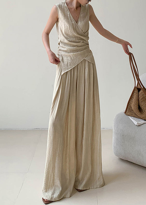 Boutique Apricot V Neck Wrinkled Linen Vest And Wide Leg Pants Two Pieces Set Summer