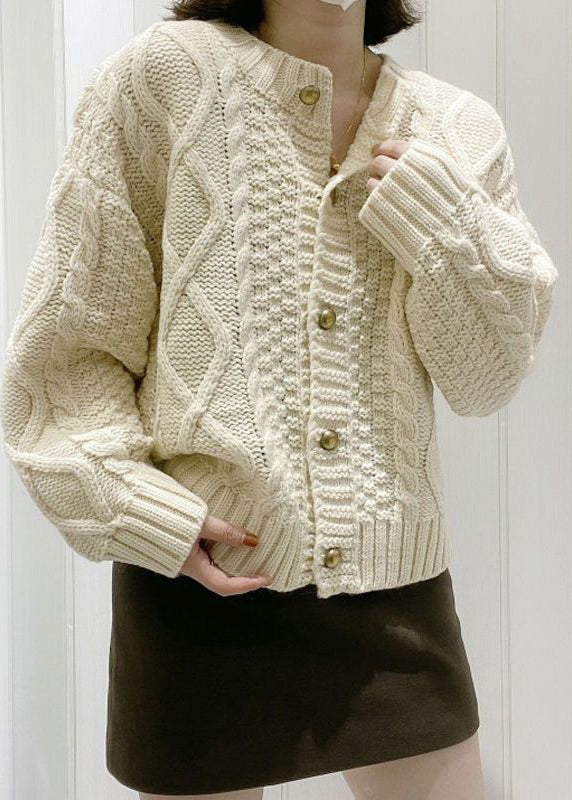 Boutique Beige O-Neck Button Cable Knit Cardigan Fall