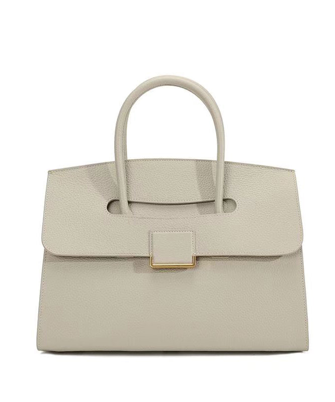 Boutique Beige Solid Durable Calf Leather Tote Handbag