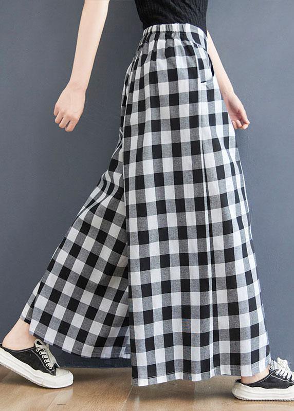 Boutique Big grid High Waist Wide Leg Pants Summer Cotton Linen