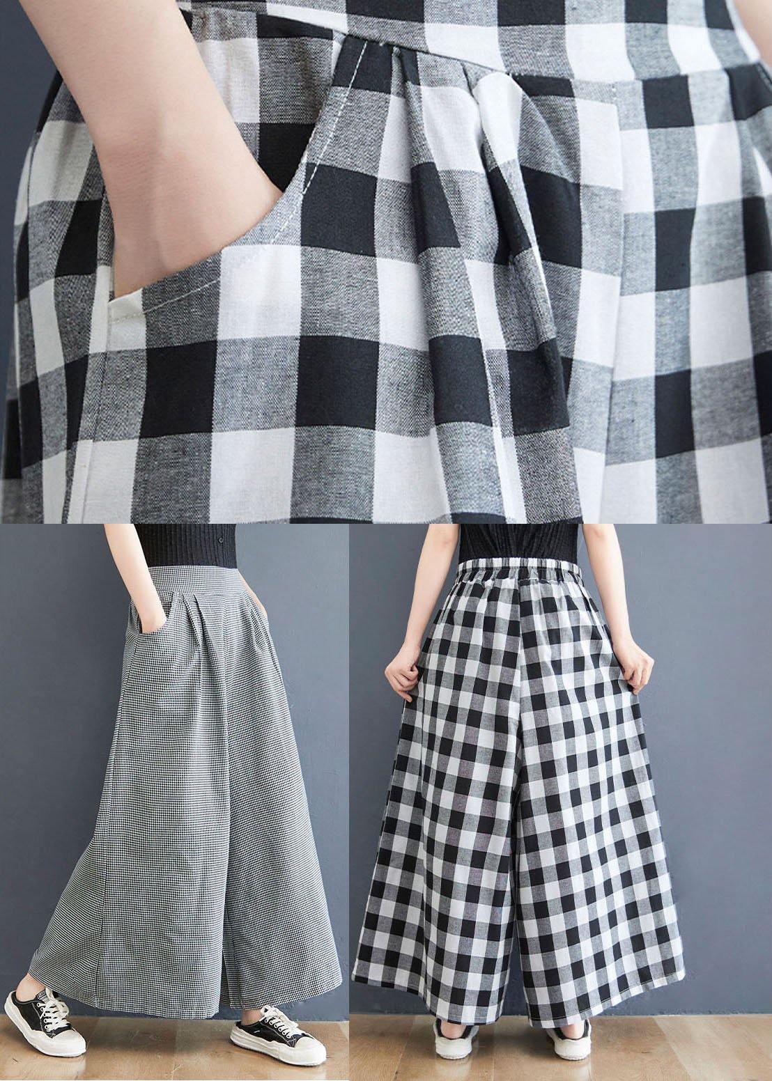 Boutique Big grid High Waist Wide Leg Pants Summer Cotton Linen