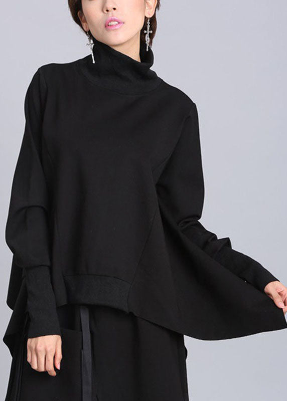 Boutique Black Bat Wing Sleeve Turtleneck Loose Asymmetrical Design Fall Tops