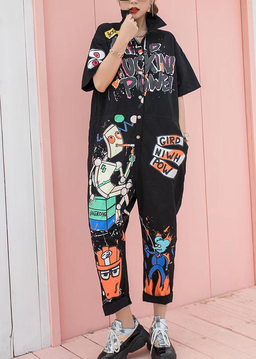 Boutique Black Pockets Cartoon Print Patchwork Cotton Jumpsuits Summer