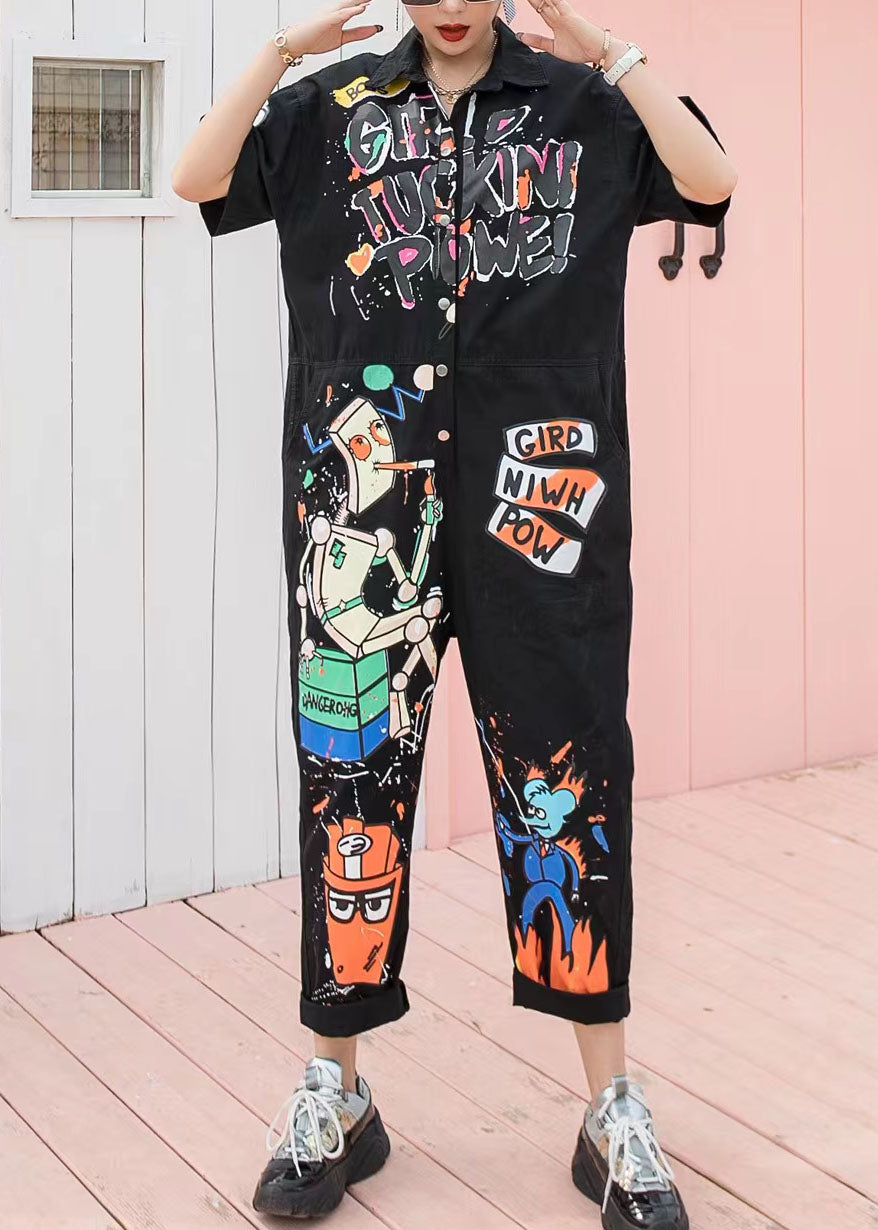 Boutique Black Pockets Cartoon Print Patchwork Cotton Jumpsuits Summer