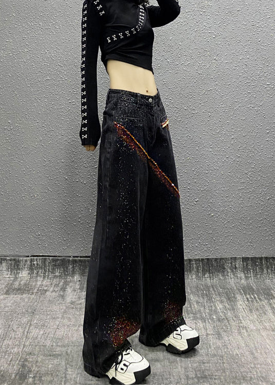 Boutique Black Pockets Nail Bead Denim Wide Leg Pants Spring