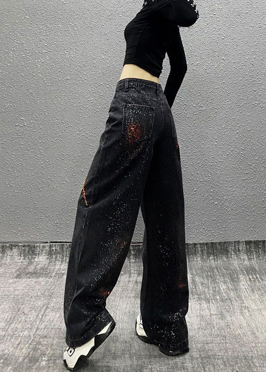 Boutique Black Pockets Nail Bead Denim Wide Leg Pants Spring