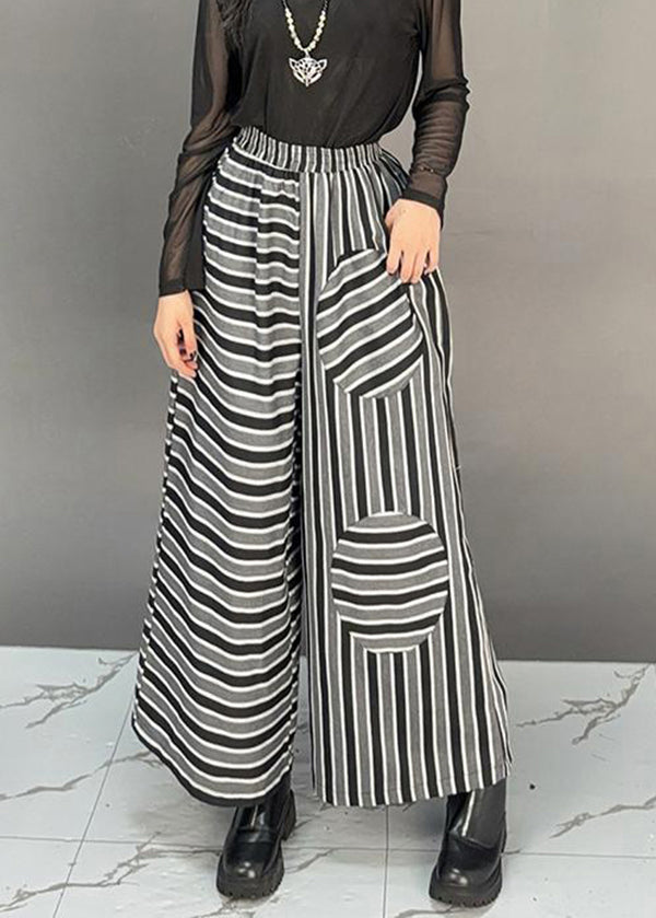 Boutique Black Pockets Striped Cotton Wide Leg Pants Fall