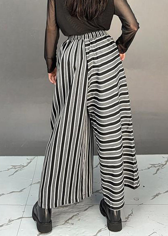 Boutique Black Pockets Striped Cotton Wide Leg Pants Fall