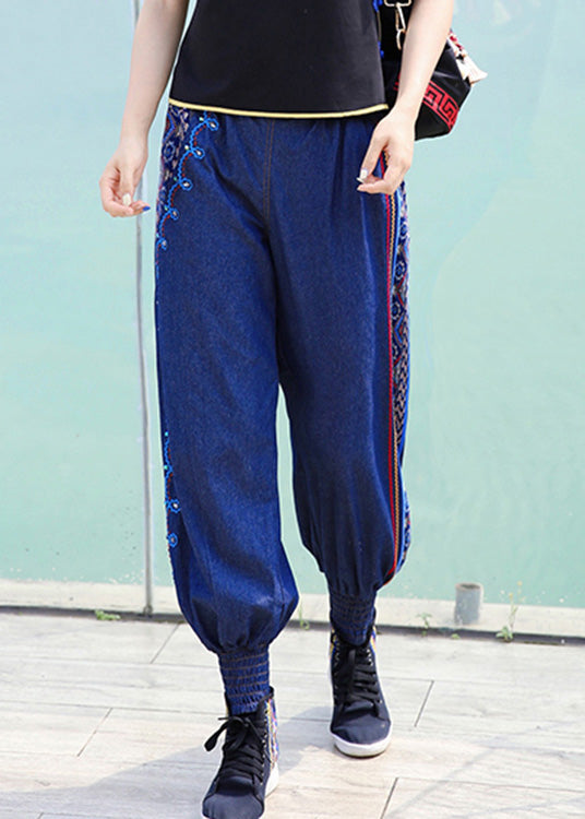 Boutique Blue Embroideried Elastic Waist Cotton Denim Harem Pants Spring