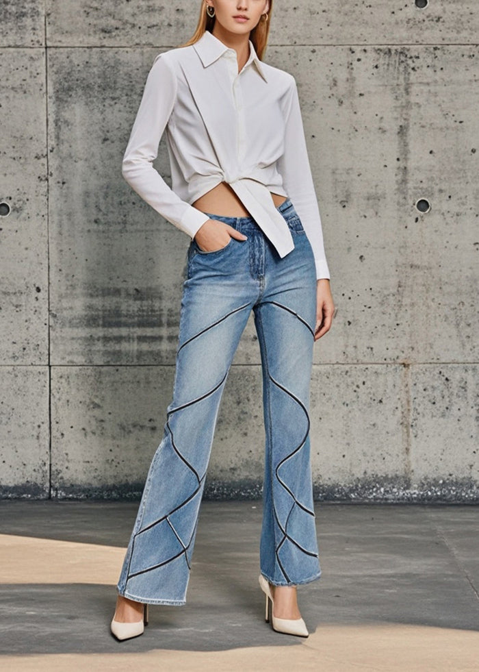 Boutique Blue High Waist Striped Denim Flared Pants Spring