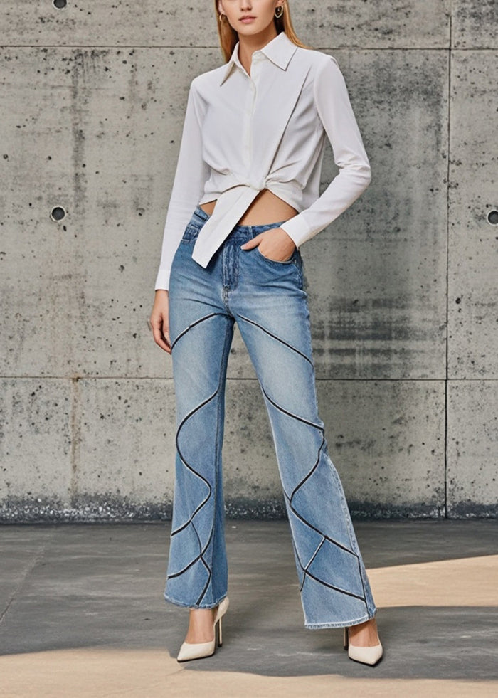 Boutique Blue High Waist Striped Denim Flared Pants Spring