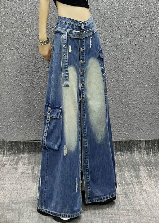 Boutique Blue Pockets Patchwork Front Open Denim Skirt Spring