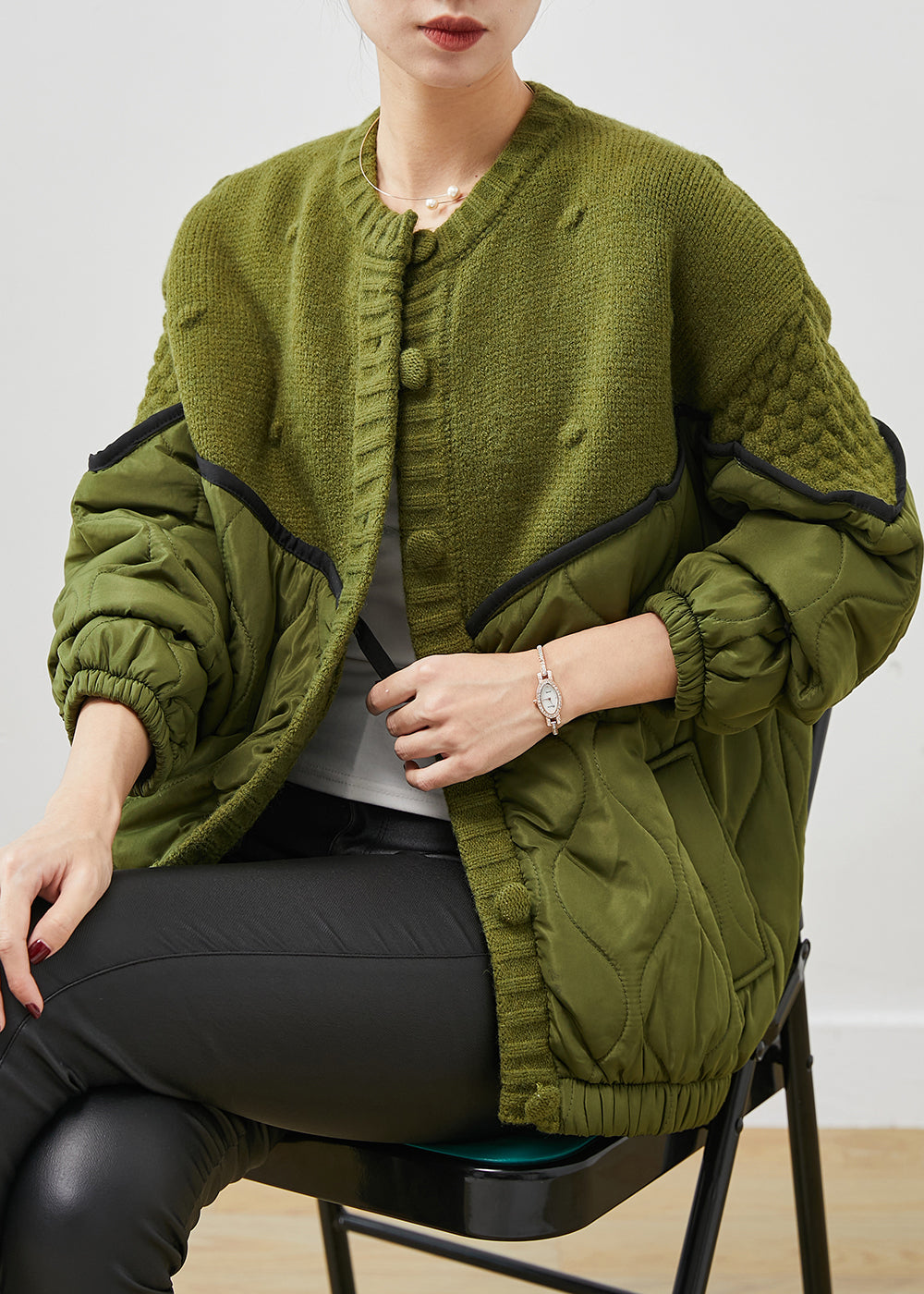 Boutique Green Oversized Patchwork Knit Cardigans Spring