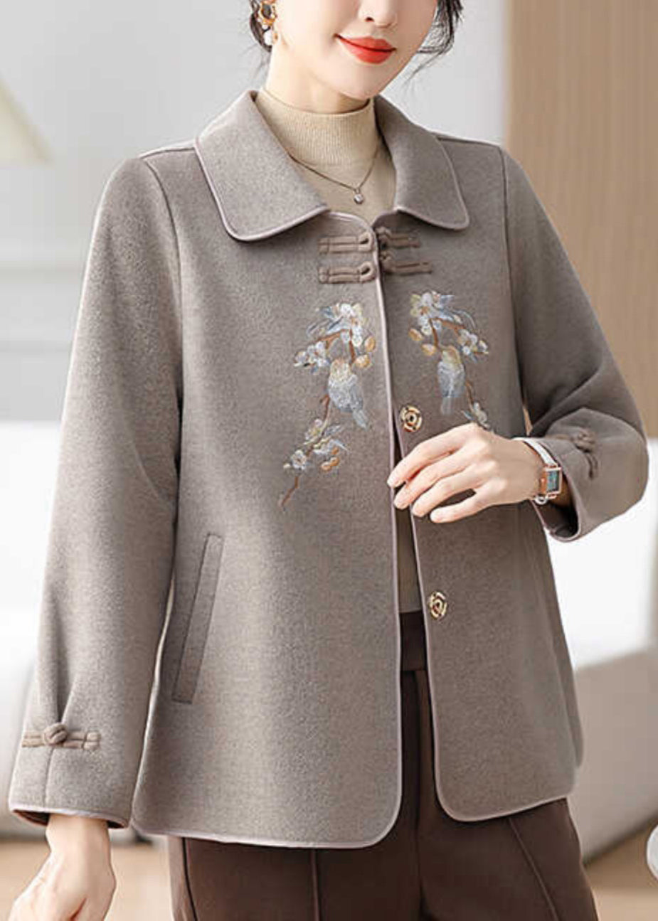 Boutique Grey Embroidered Oriental Button Woolen Coats Winter