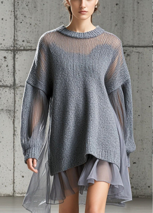 Boutique Grey Oversized Patchwork Tulle Knit Day Dress Fall