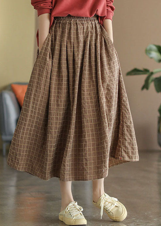 Boutique Khaki Pockets Plaid Cotton Skirts Spring