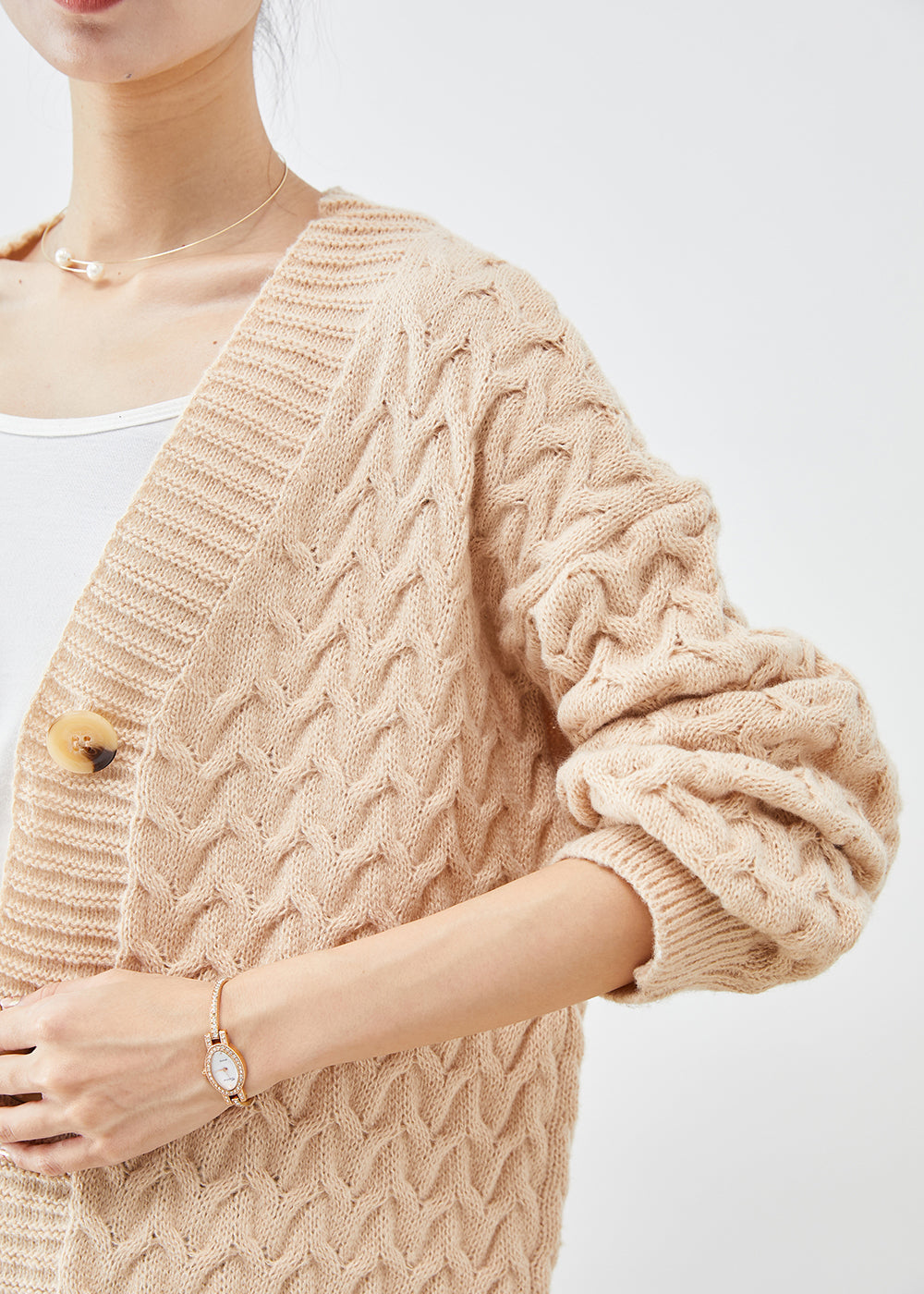 Boutique Khaki Thick Cable Knit Loose Cardigan Spring