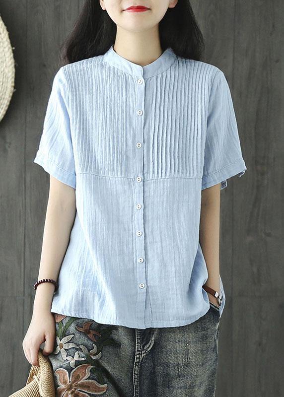 Boutique Light Blue Stand Collar Button Cotton Summer Top