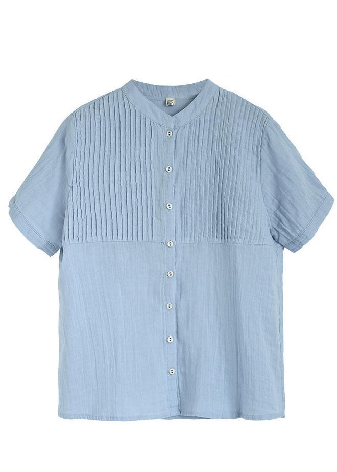 Boutique Light Blue Stand Collar Button Cotton Summer Top