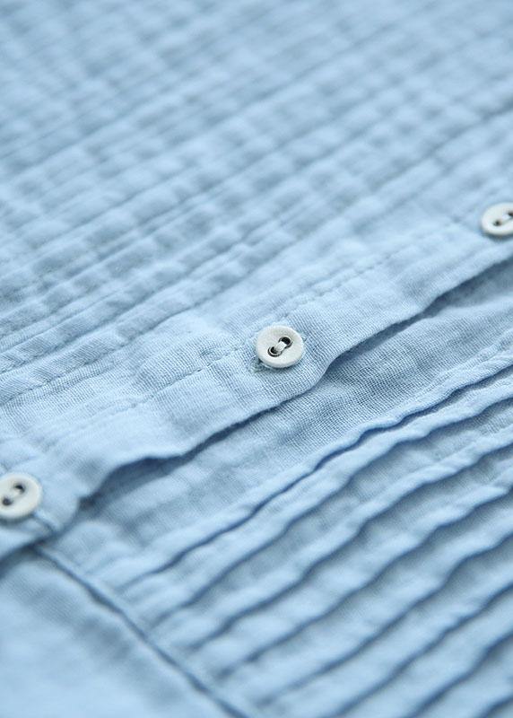 Boutique Light Blue Stand Collar Button Cotton Summer Top