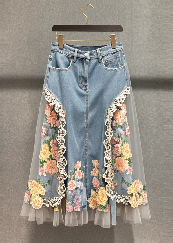 Boutique Light Blue Tulle Patchwork Flower Denim Skirts Fall