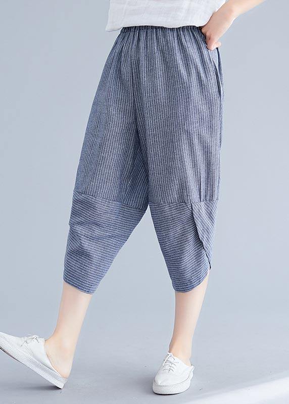 Boutique Navy Striped Patchwork Summer Cotton Linen Pants