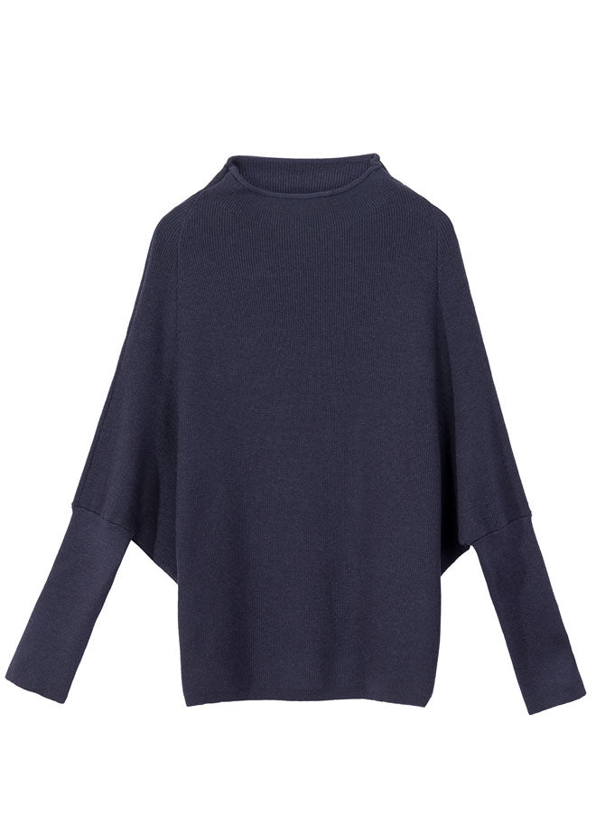 Boutique Navy Woolen Knit Sweater Tops Bat wing Sleeve