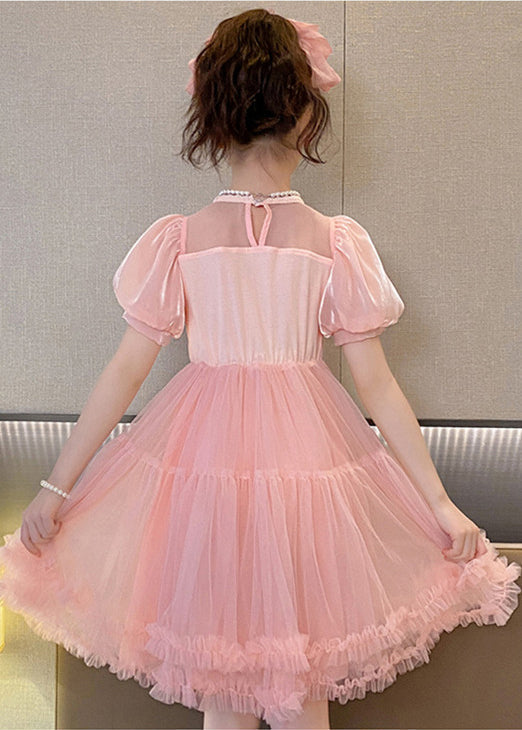 Boutique Pink Puff Sleeve Patchwork Tulle Baby Girls Maxi Dress Summer