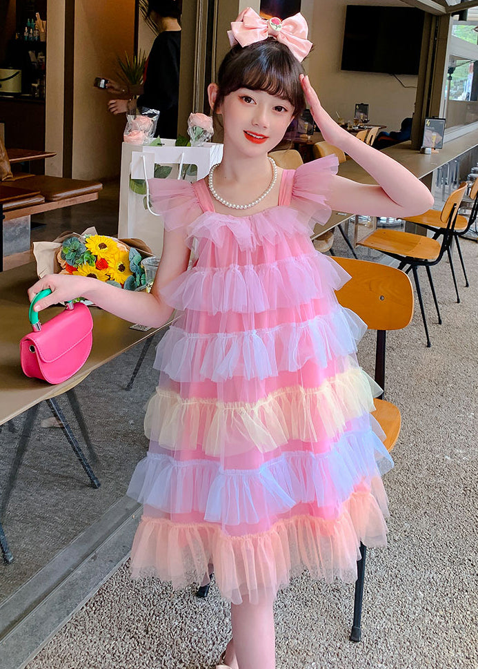 Boutique Pink Square Collar Layered Ruffled Tulle Kids Girls Beach Dresses Summer