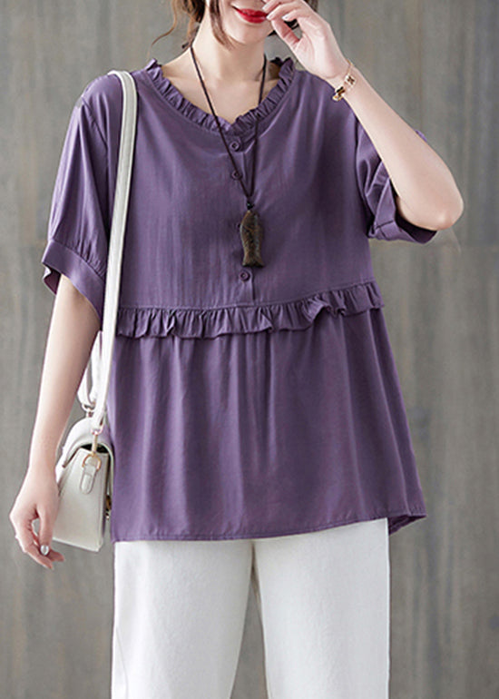 Boutique Purple Button Ruffled Patchwork Tank Top Short Sleeve