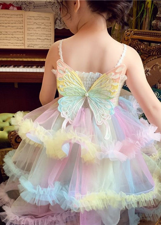 Boutique Rainbow Ruffled Butterfly Patchwork Tulle Kids Girls Dresses Sleeveless