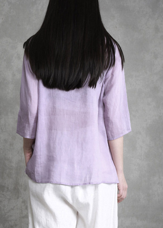 Boutique Violet O-Neck Embroideried Floral Linen Shirts Long Sleeve