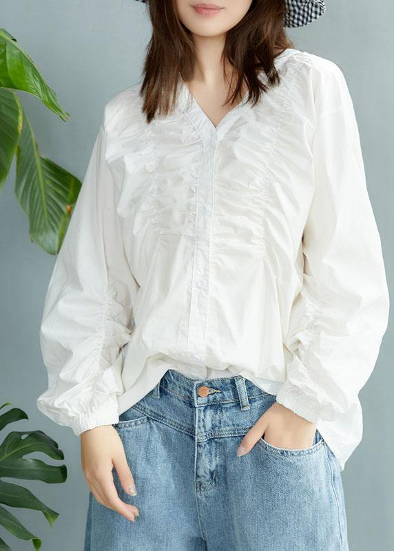 Boutique White V Neck Button Casual Fall Long sleeve Blouse Top