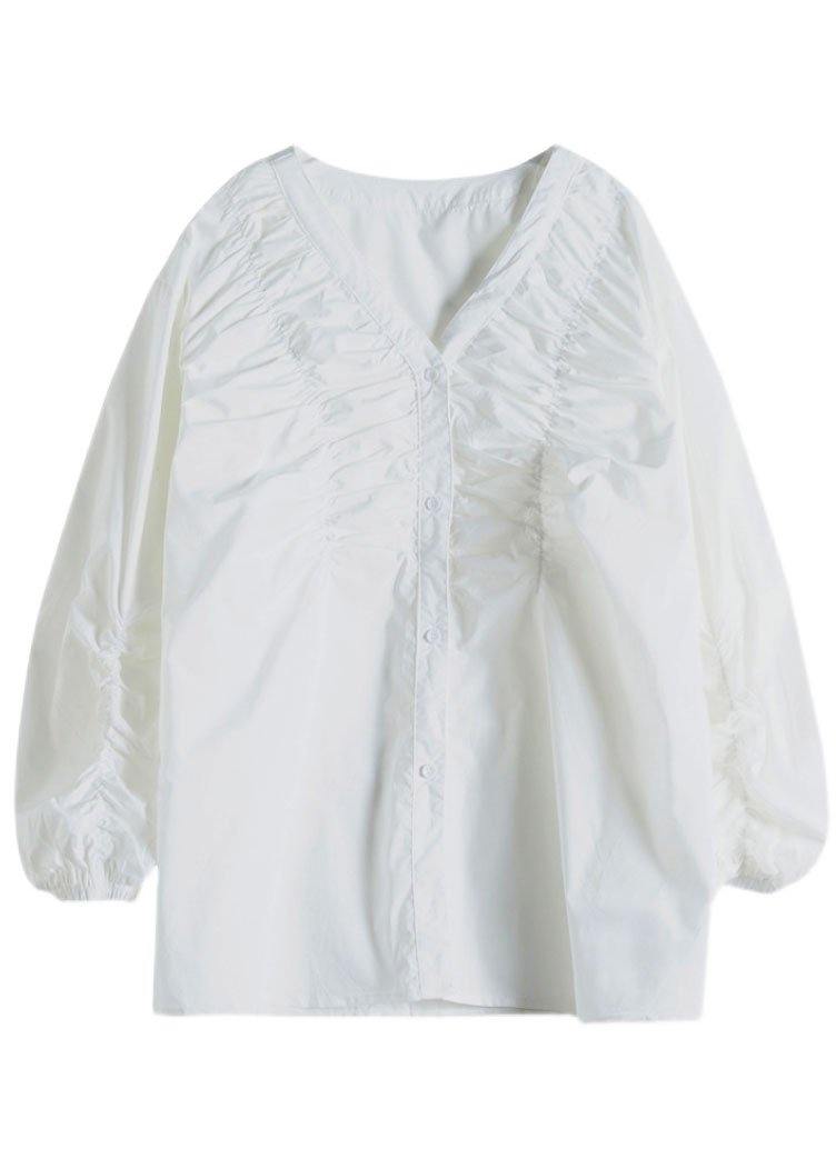 Boutique White V Neck Button Casual Fall Long sleeve Blouse Top