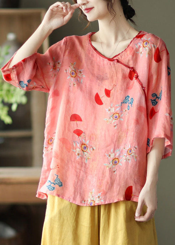 Boutique Yellow Button Print Linen Blouses Long Sleeve